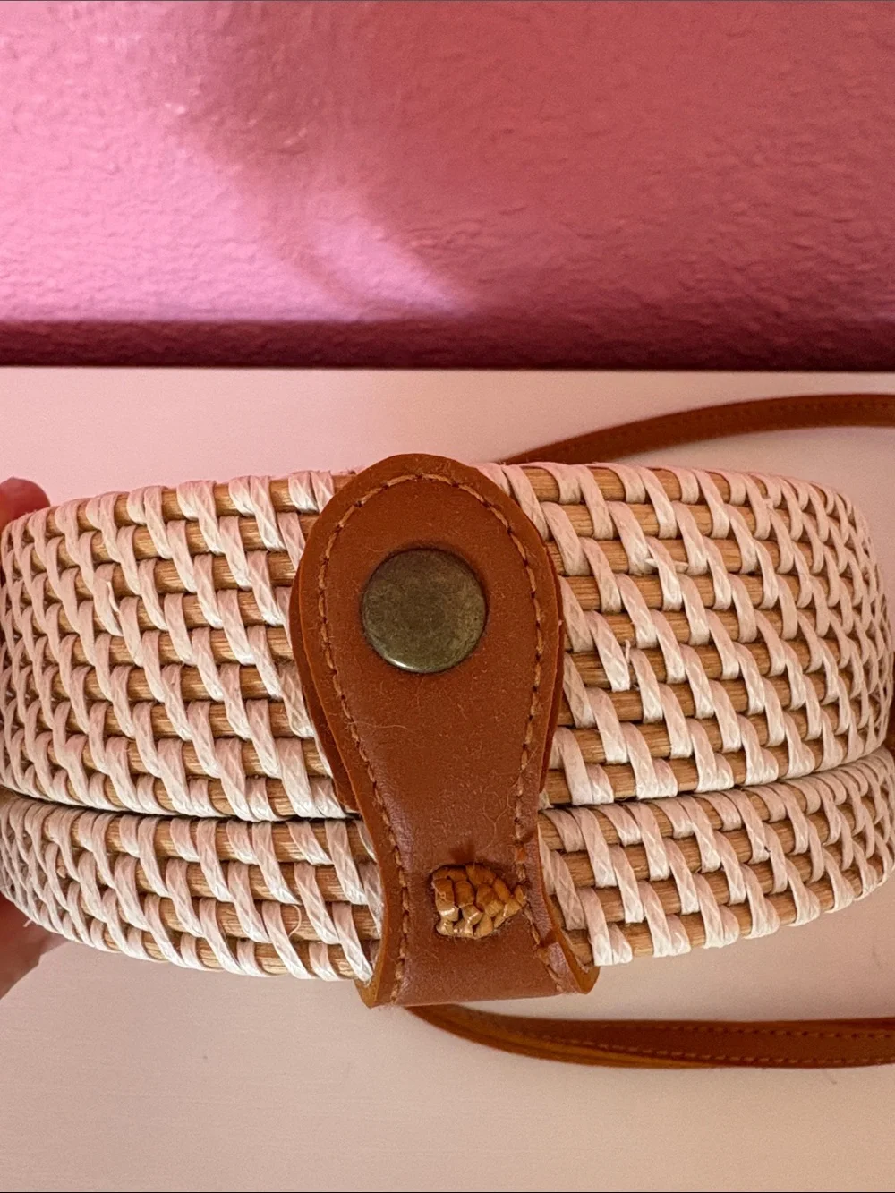 Woven Round Crossbody Bag in Natural and Brown